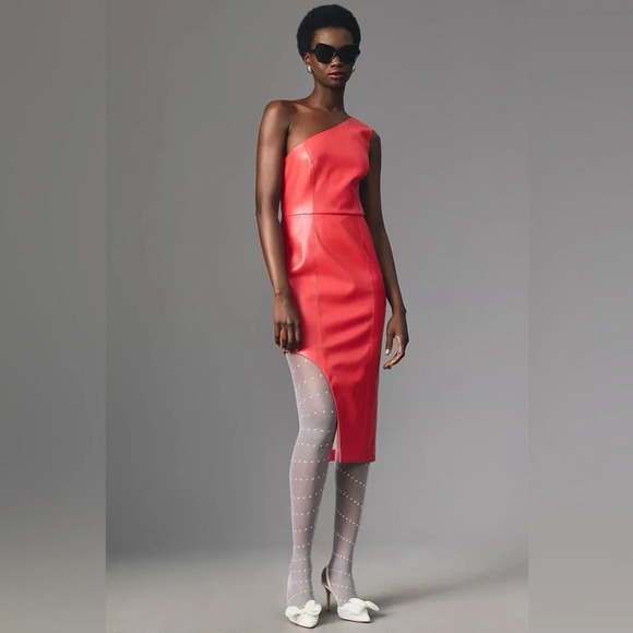 Anthropologie Dresses & Skirts - Anthropology Hutch One-Shoulder High-Slit Faux Leather Midi Dress Red